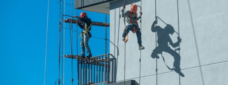 A couple of workers fixing and climbing a scaffolding while following all the safety measures